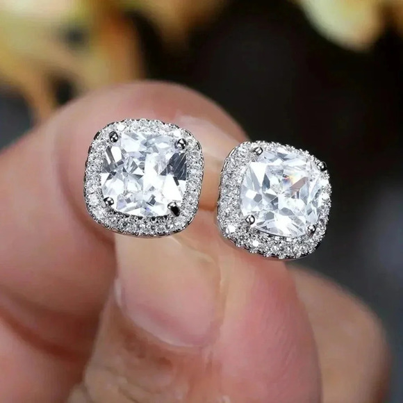 18k White Gold Diamond Cushion Halo Earrings - Picture 1 of 4